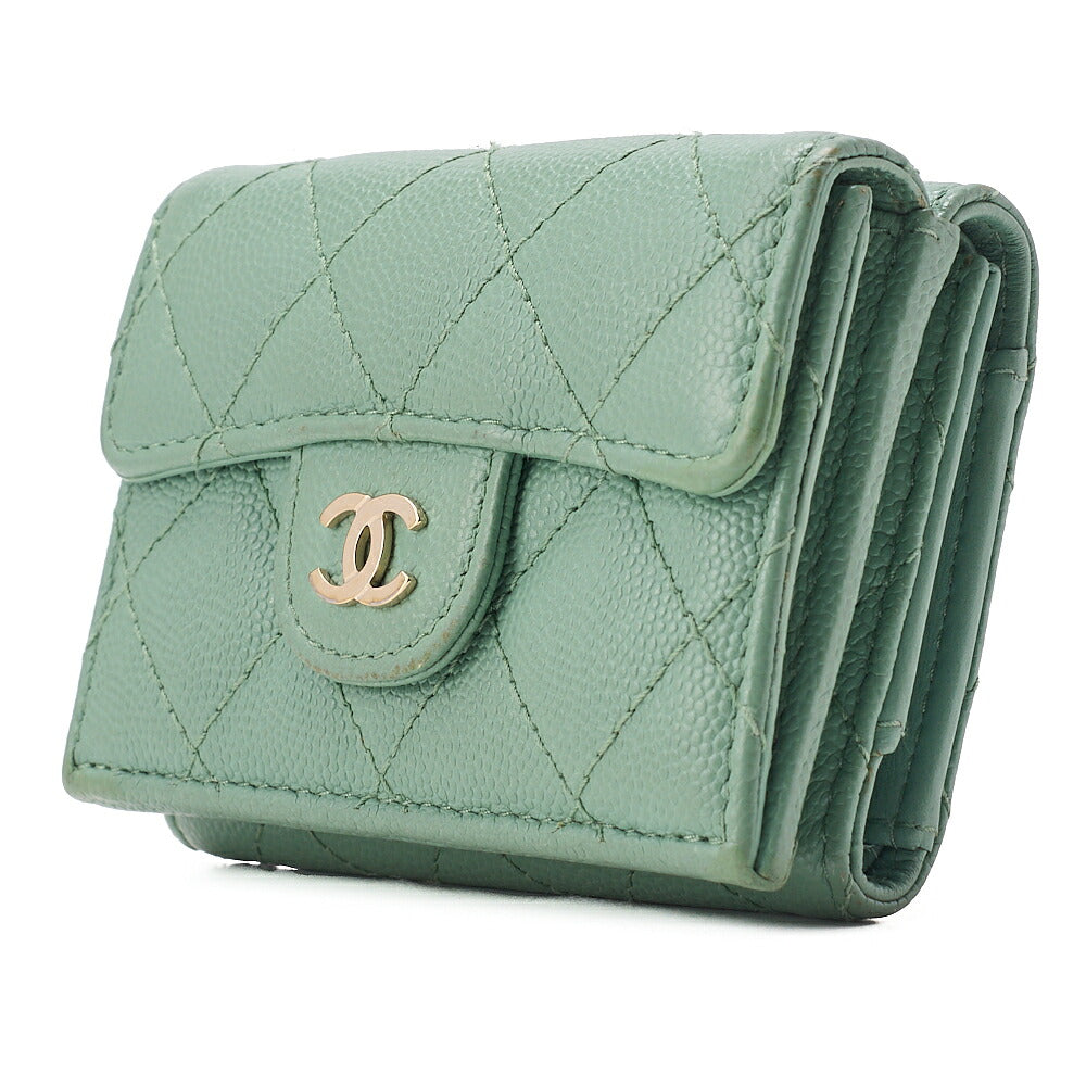 CHANEL Matelasse Tri-Fold Compact Wallet Caviar Skin Green Gold -Tone Hardware, Pre-Owned