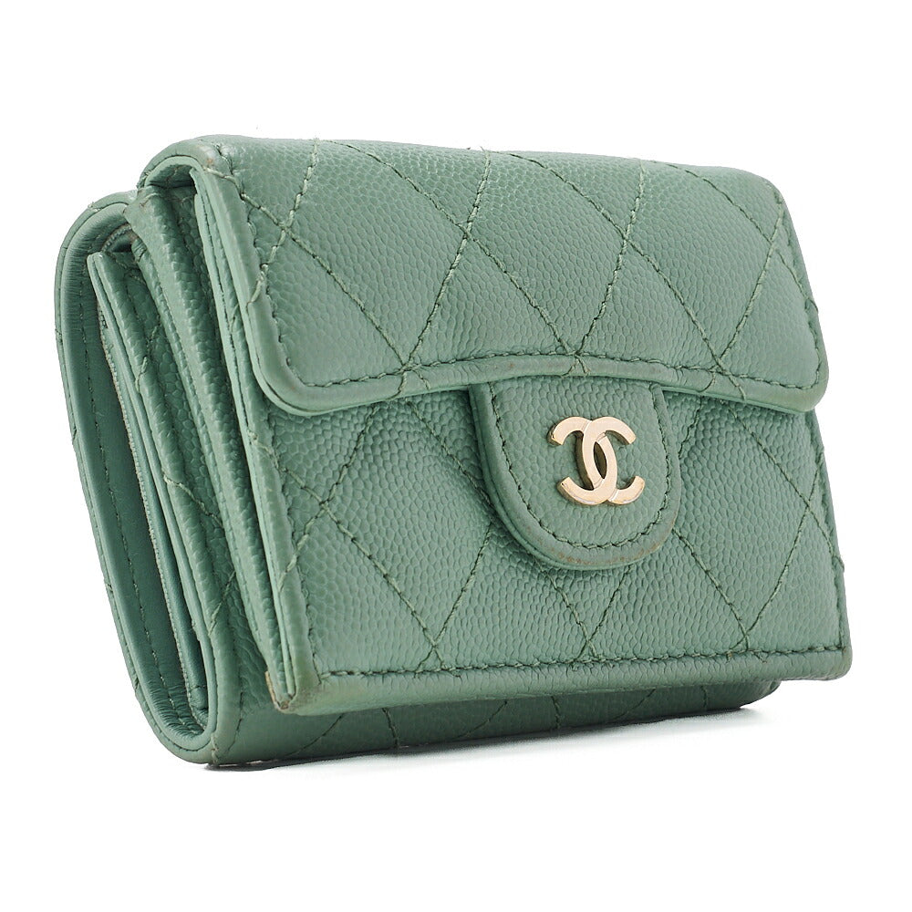 CHANEL Matelasse Tri-Fold Compact Wallet Caviar Skin Green Gold -Tone Hardware, Pre-Owned