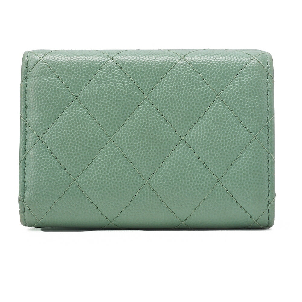 CHANEL Matelasse Tri-Fold Compact Wallet Caviar Skin Green Gold -Tone Hardware, Pre-Owned