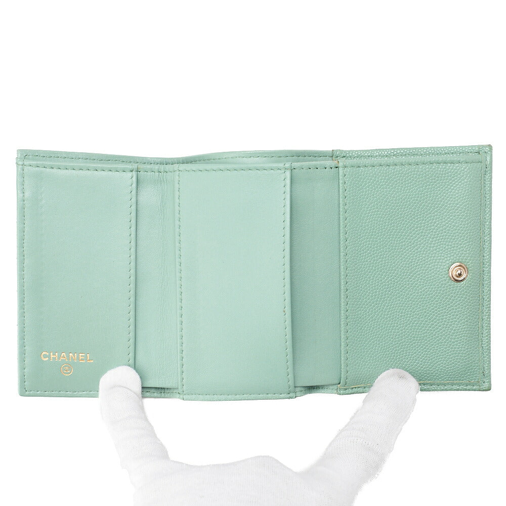 CHANEL Matelasse Tri-Fold Compact Wallet Caviar Skin Green Gold -Tone Hardware, Pre-Owned