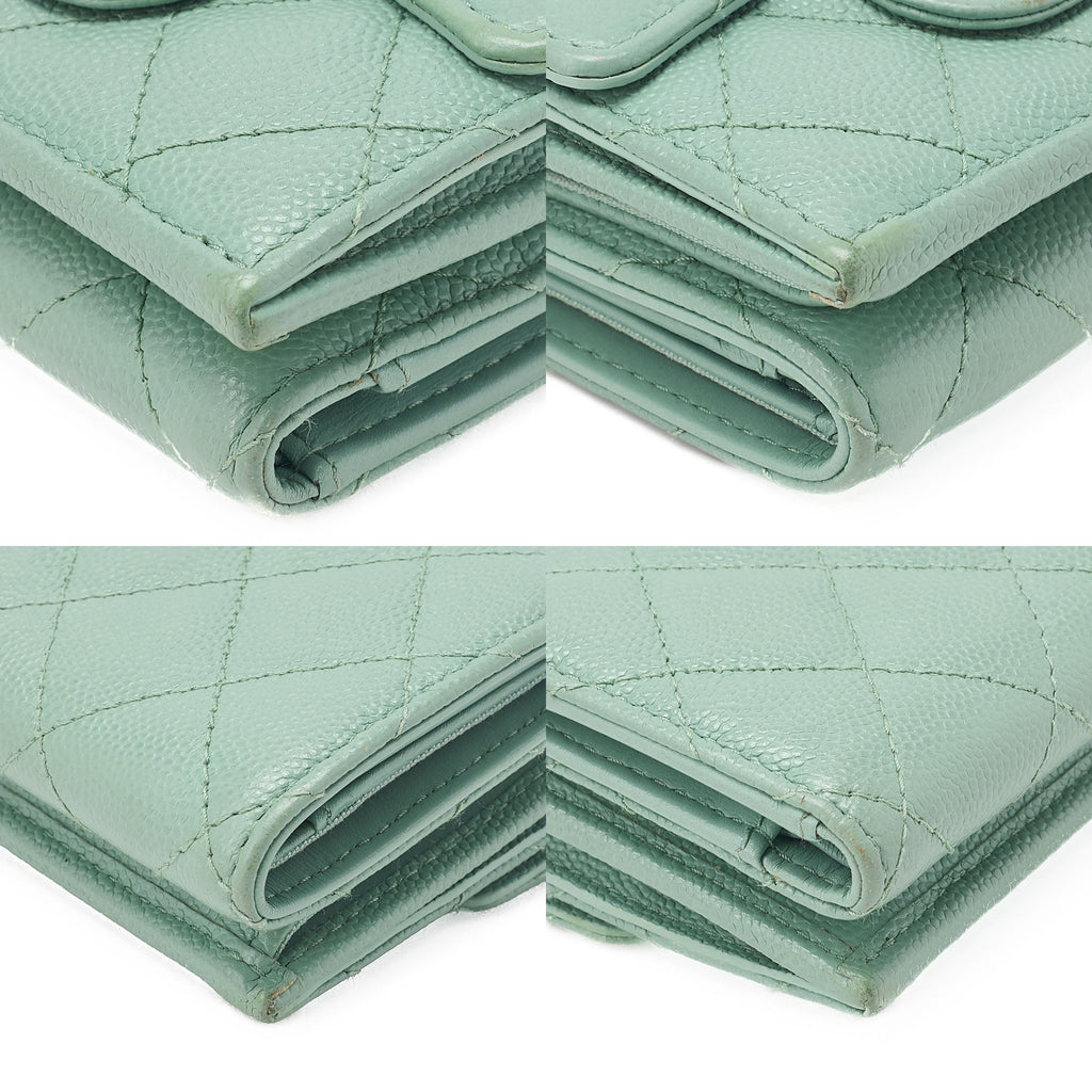 CHANEL Matelasse Tri-Fold Compact Wallet Caviar Skin Green Gold -Tone Hardware, Pre-Owned