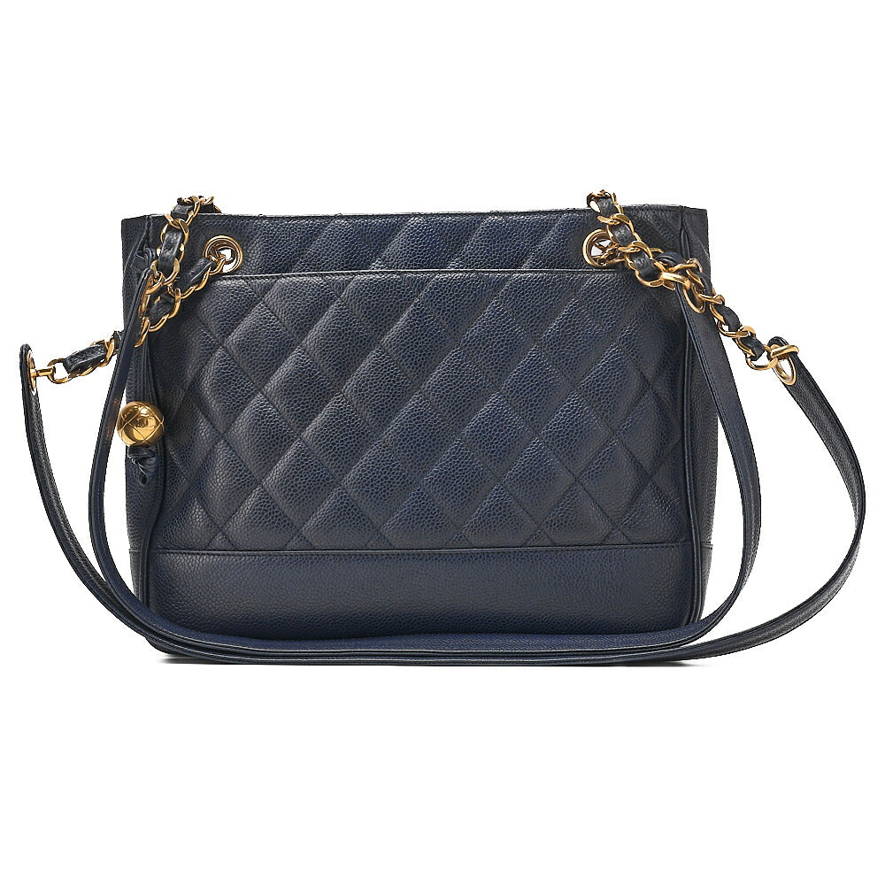 CHANEL Shoulder Bag Tote Bag Caviar Skin Matelasse Ball Charm Navy Gold-Tone Hardware, Pre-Owned