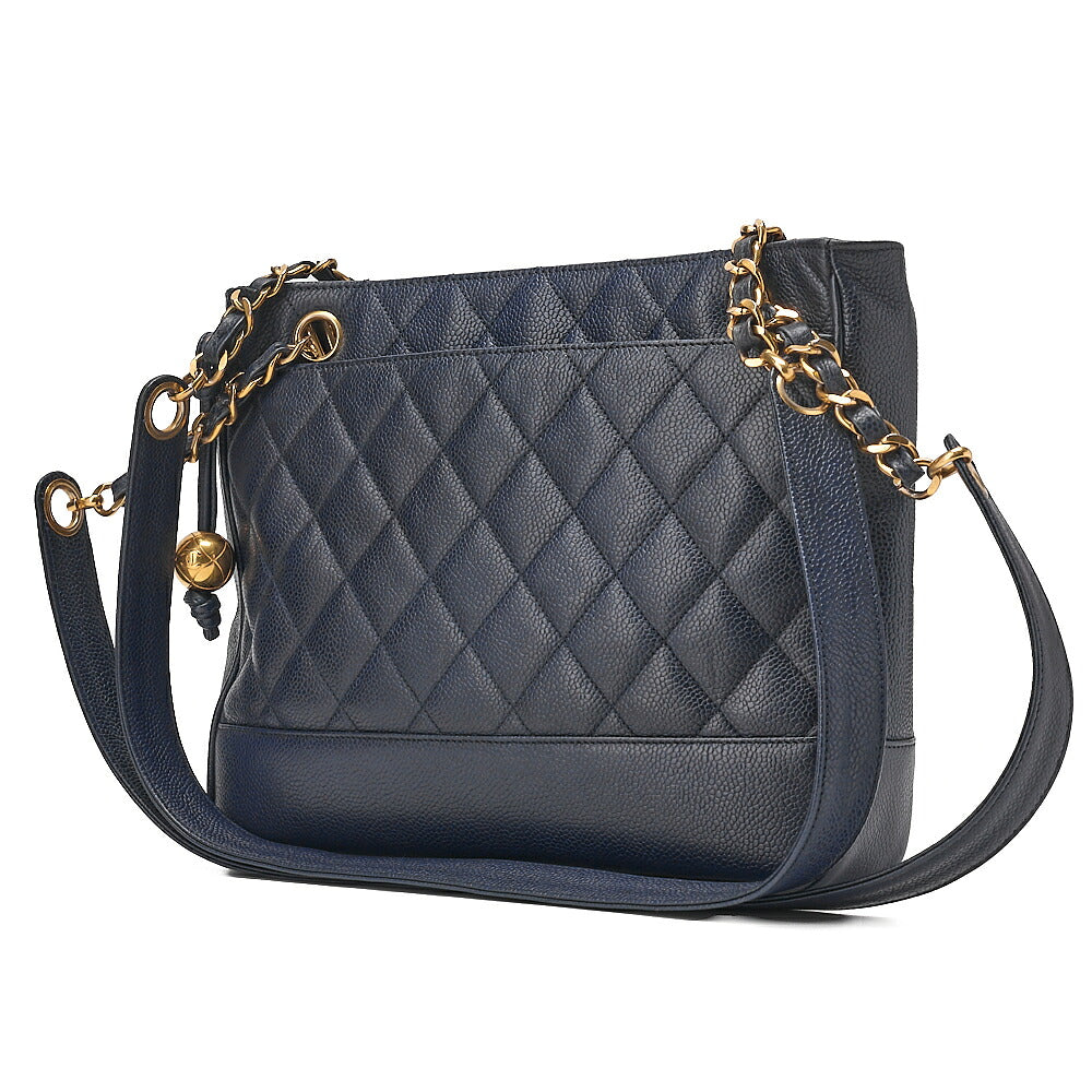 CHANEL Shoulder Bag Tote Bag Caviar Skin Matelasse Ball Charm Navy Gold-Tone Hardware, Pre-Owned