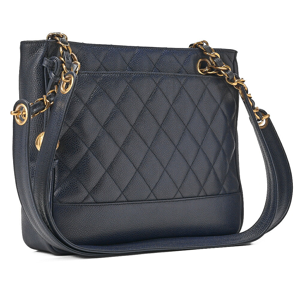 CHANEL Shoulder Bag Tote Bag Caviar Skin Matelasse Ball Charm Navy Gold-Tone Hardware, Pre-Owned