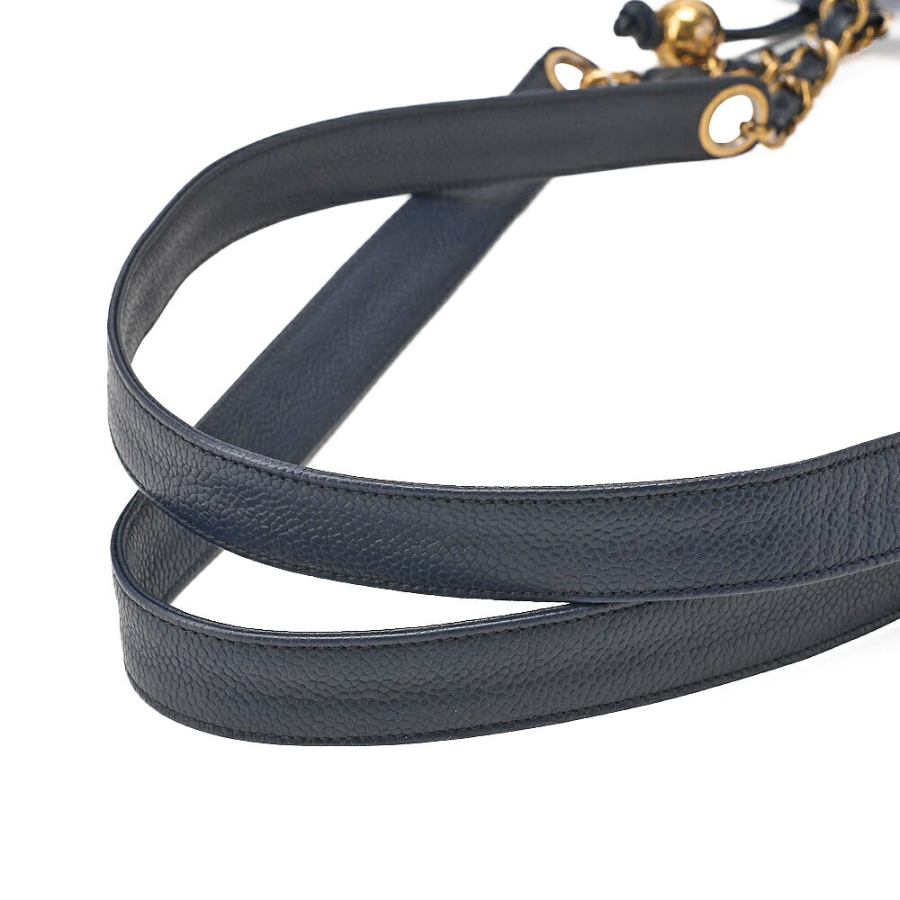 CHANEL Shoulder Bag Tote Bag Caviar Skin Matelasse Ball Charm Navy Gold-Tone Hardware, Pre-Owned