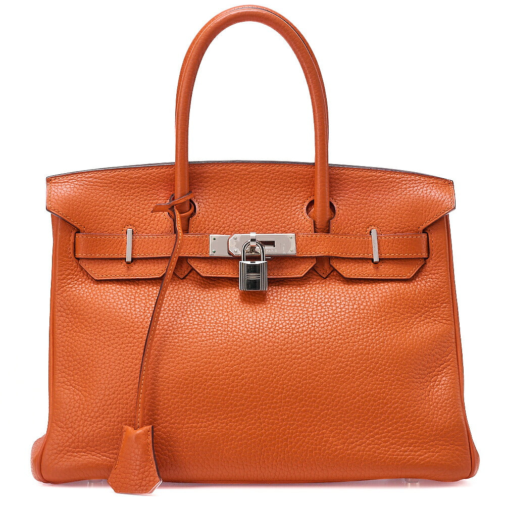 HERMES Birkin 30 Handbag Troyon Clemence Orange Silver-Tone Hardware, Pre-Owned