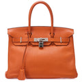 HERMES Birkin 30 Handbag Troyon Clemence Orange Silver-Tone Hardware, Pre-Owned