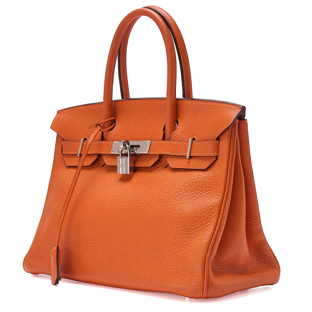 HERMES Birkin 30 Handbag Troyon Clemence Orange Silver-Tone Hardware, Pre-Owned