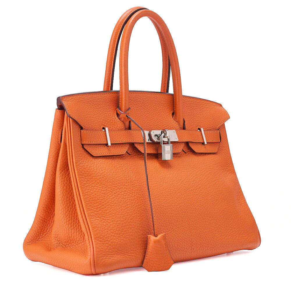 HERMES Birkin 30 Handbag Troyon Clemence Orange Silver-Tone Hardware, Pre-Owned