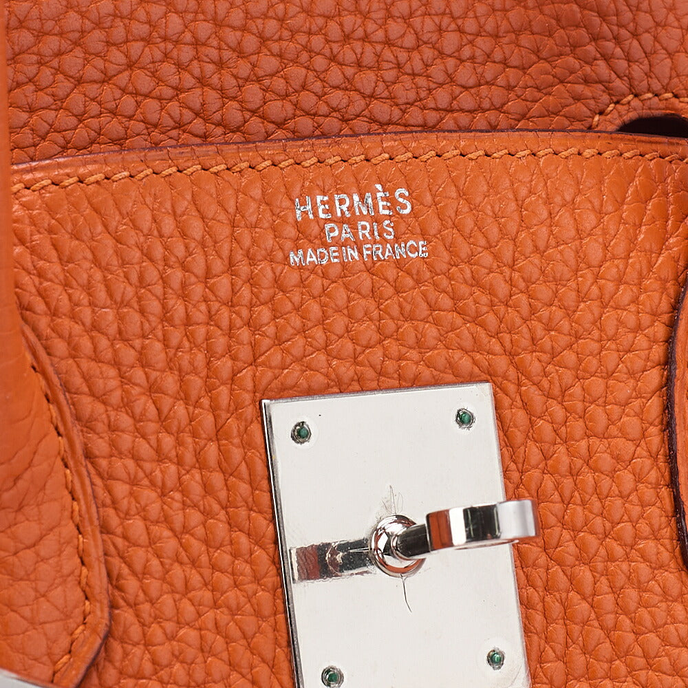 HERMES Birkin 30 Handbag Troyon Clemence Orange Silver-Tone Hardware, Pre-Owned