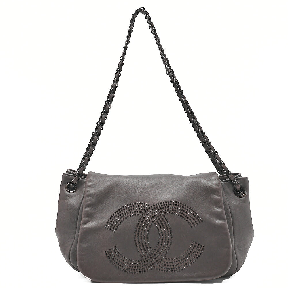 CHANEL Shoulder Bag Coco Mark Studs Full Flap Lambskin Grey Silver-Tone Hardware, Pre-Owned