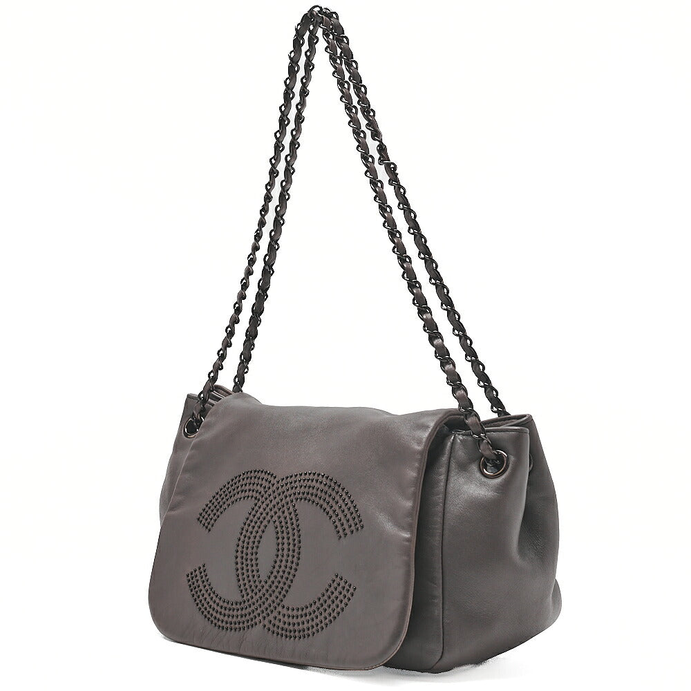 CHANEL Shoulder Bag Coco Mark Studs Full Flap Lambskin Grey Silver-Tone Hardware, Pre-Owned