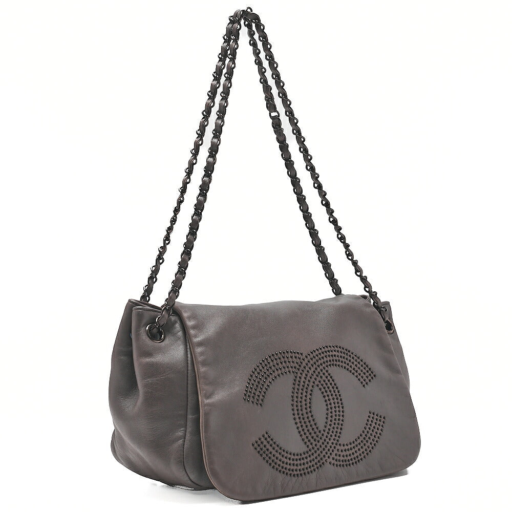 CHANEL Shoulder Bag Coco Mark Studs Full Flap Lambskin Grey Silver-Tone Hardware, Pre-Owned