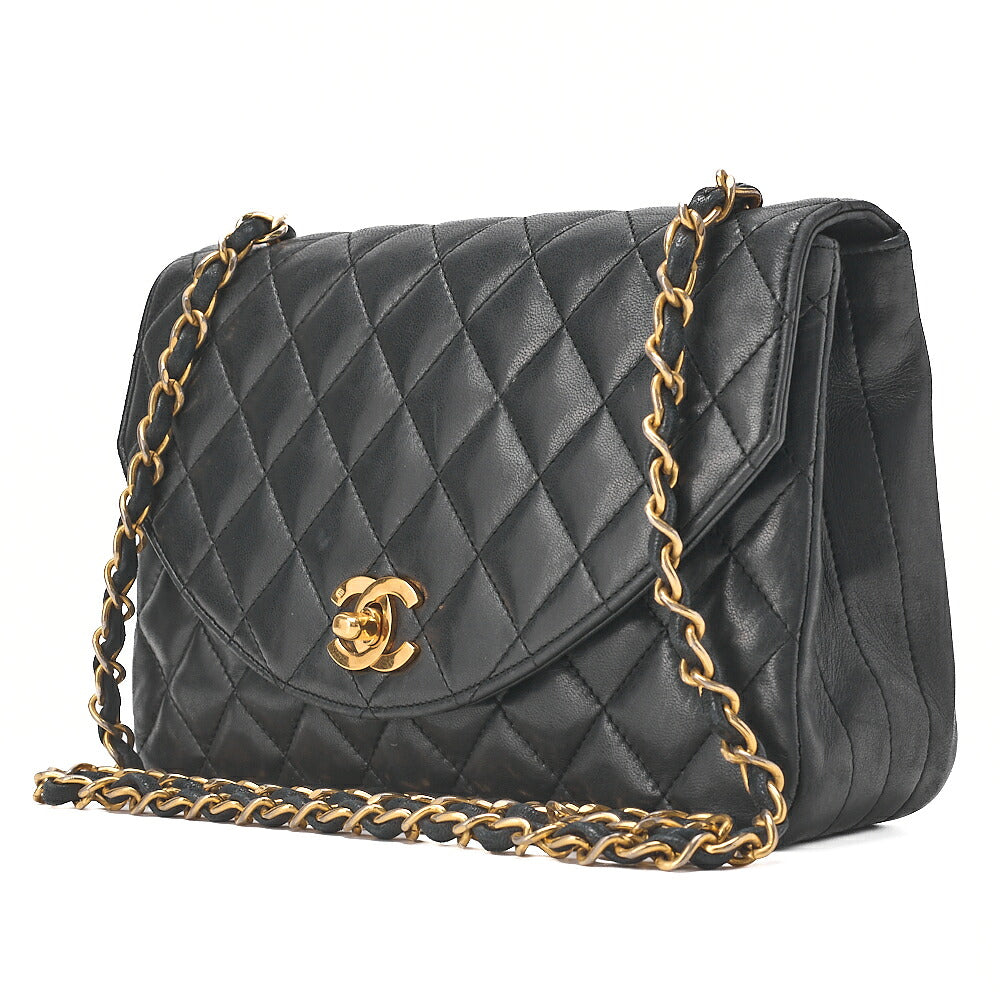 CHANEL Chain Shoulder Bag Matelasse Round Flap Lambskin Black Gold-Tone Hardware, Pre-Owned
