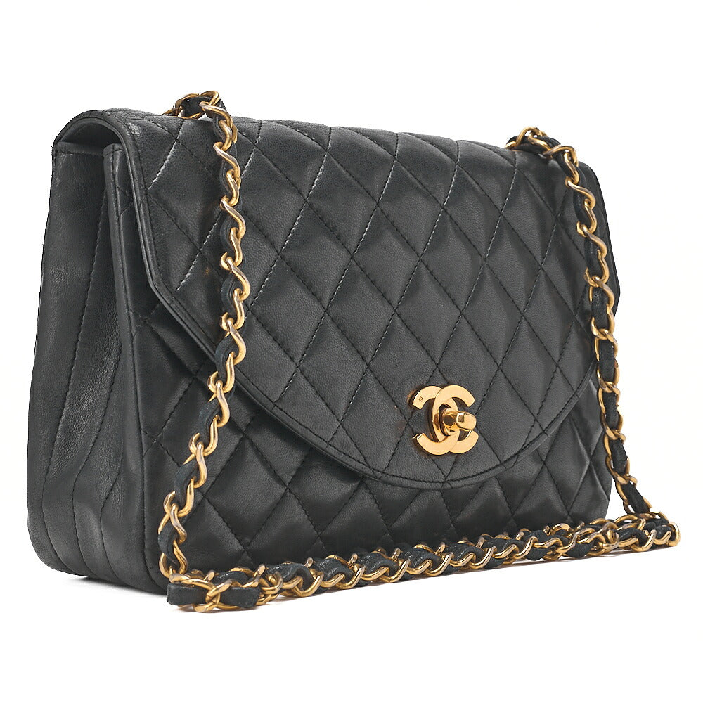 CHANEL Chain Shoulder Bag Matelasse Round Flap Lambskin Black Gold-Tone Hardware, Pre-Owned