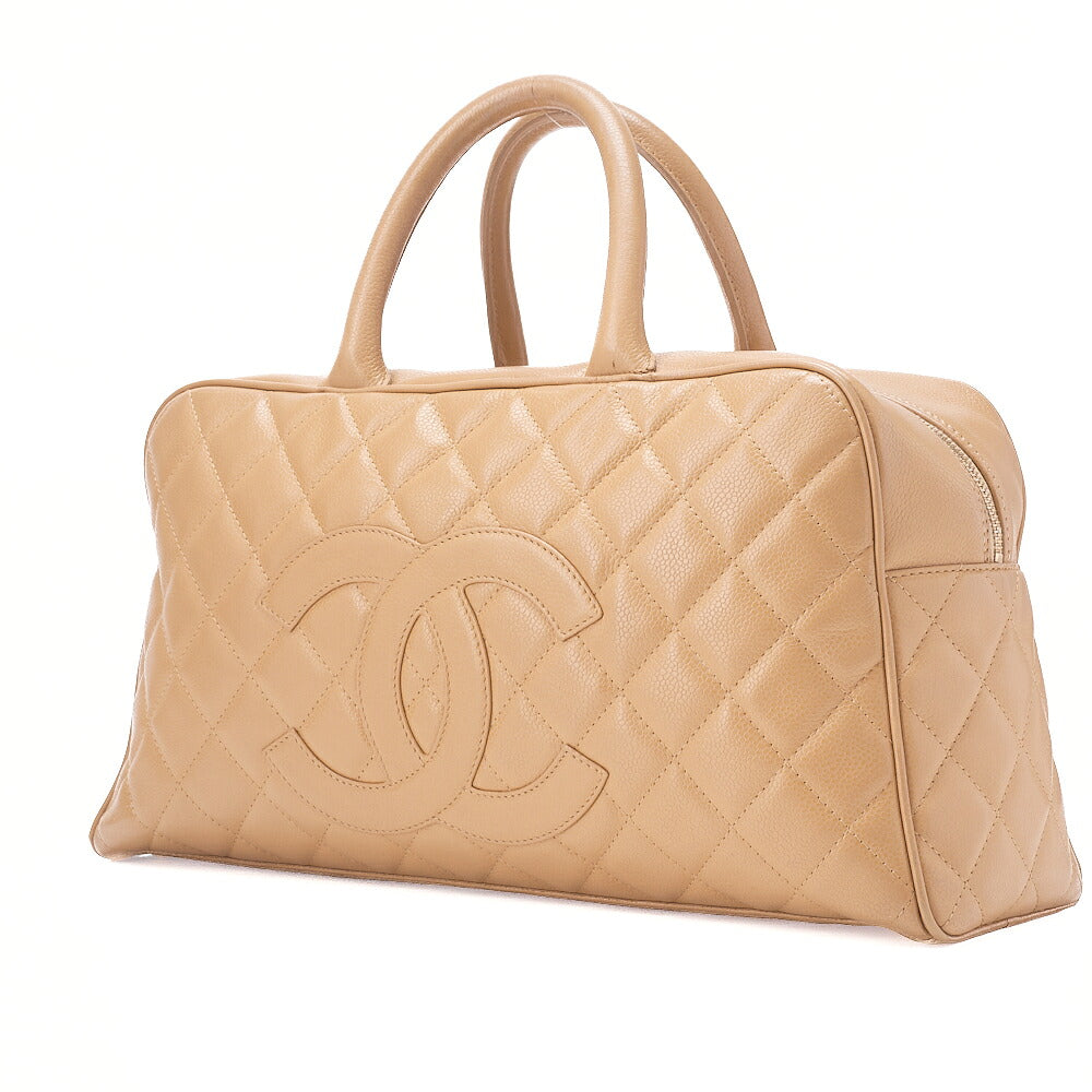 CHANEL Handbag Boston Bag Caviar Skin Matelasse Cocomark Beige Gold-Tone Hardware, Pre-Owned