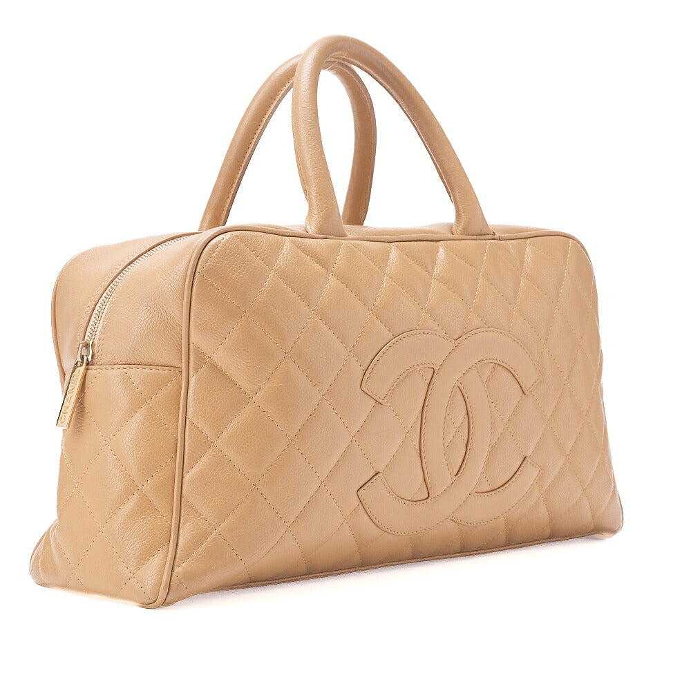CHANEL Handbag Boston Bag Caviar Skin Matelasse Cocomark Beige Gold-Tone Hardware, Pre-Owned