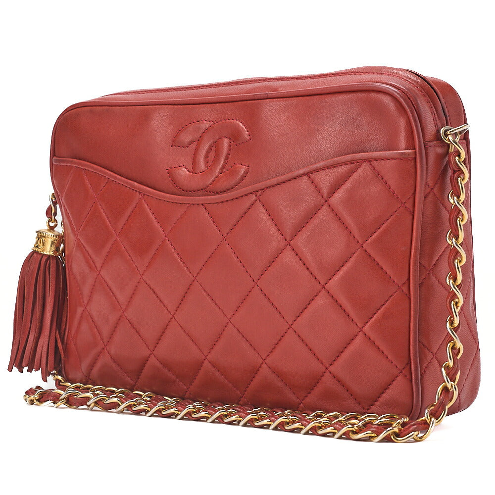 CHANEL Matelasse Coco Mark with Fringe Chain Shoulder Lambskin Red Gold-Tone Hardware, Pre-Owned