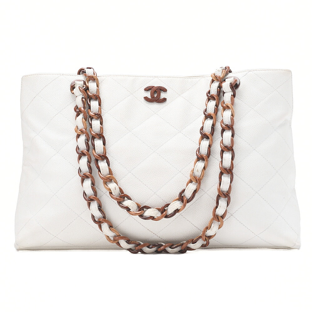 CHANEL Matelasse Wood Pattern Plastic Chain Shoulder Caviar Skin White Gold-Tone Hardware, Pre-Owned