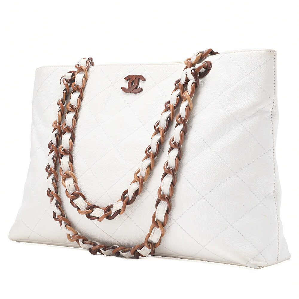 CHANEL Matelasse Wood Pattern Plastic Chain Shoulder Caviar Skin White Gold-Tone Hardware, Pre-Owned