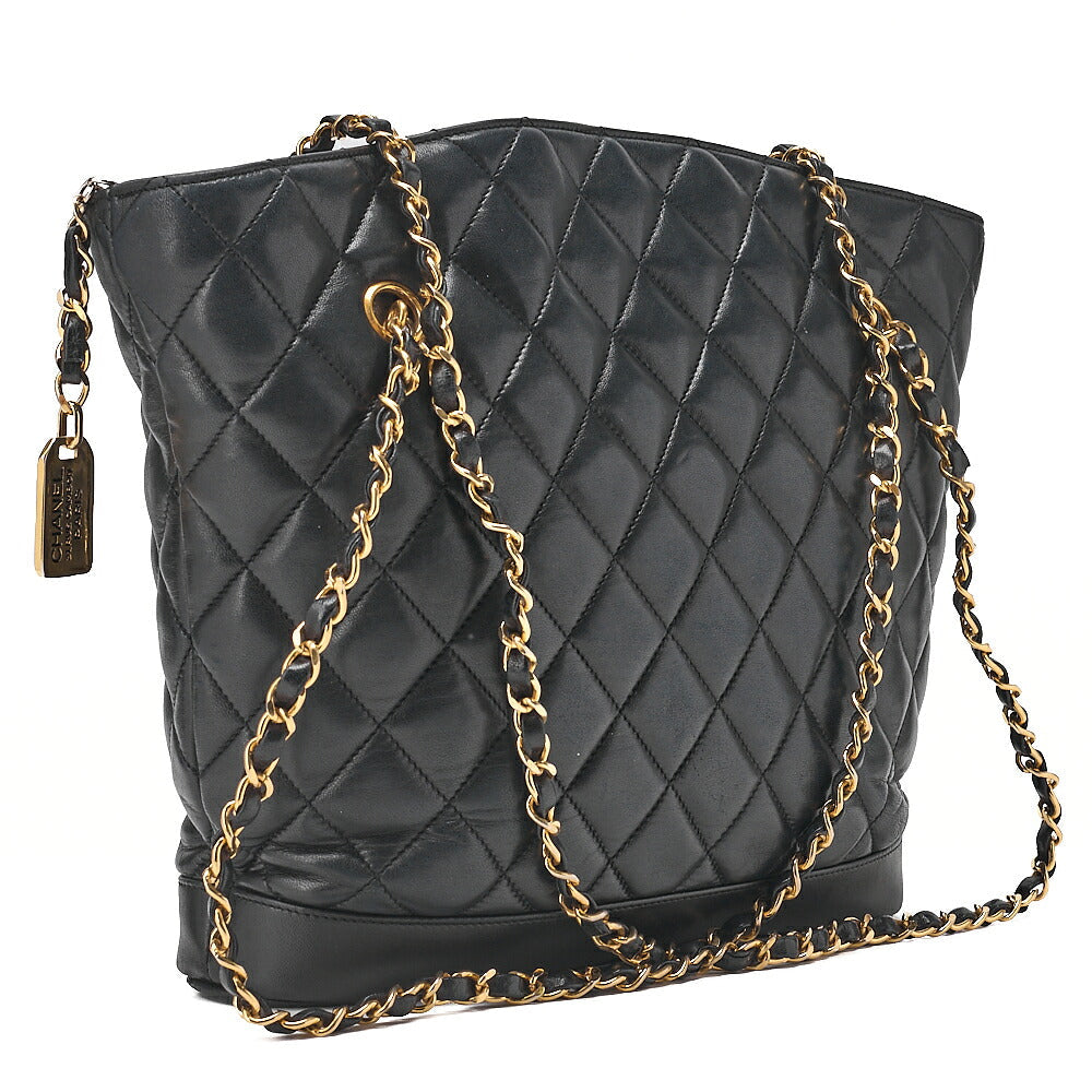 CHANEL Shoulder Bag Tote Bag Matelasse Plate Charm Fan Shaped Chain Shoulder Lambskin Black Gold-Tone Hardware, Pre-Owned