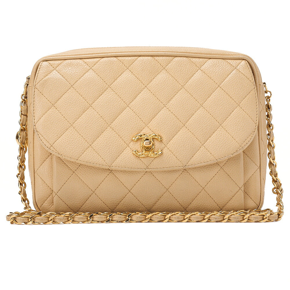 CHANEL Chain Shoulder Bag Matelasse Outside Flap Ball Charm Chain Shoulder Caviar Skin Beige Gold-Tone Hardware, Pre-Owned