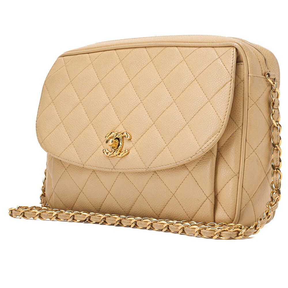 CHANEL Chain Shoulder Bag Matelasse Outside Flap Ball Charm Chain Shoulder Caviar Skin Beige Gold-Tone Hardware, Pre-Owned