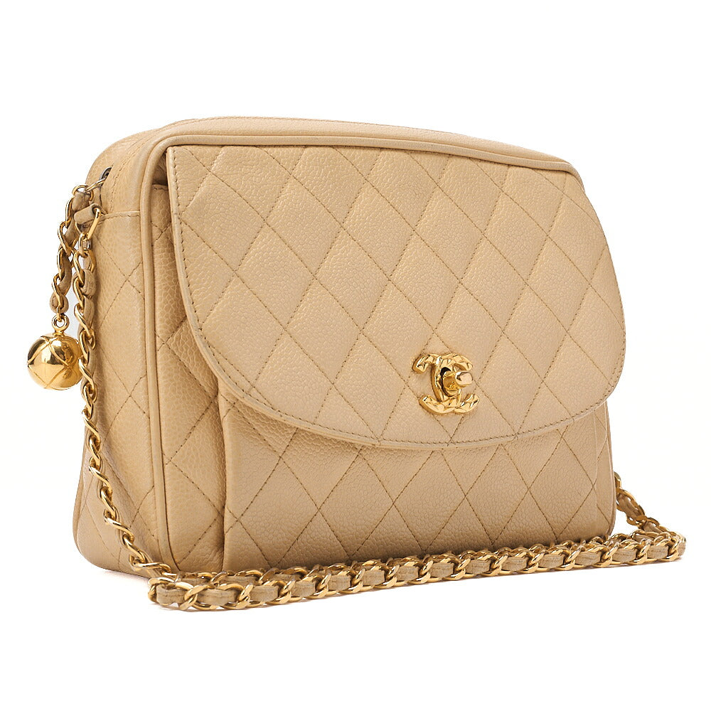 CHANEL Chain Shoulder Bag Matelasse Outside Flap Ball Charm Chain Shoulder Caviar Skin Beige Gold-Tone Hardware, Pre-Owned
