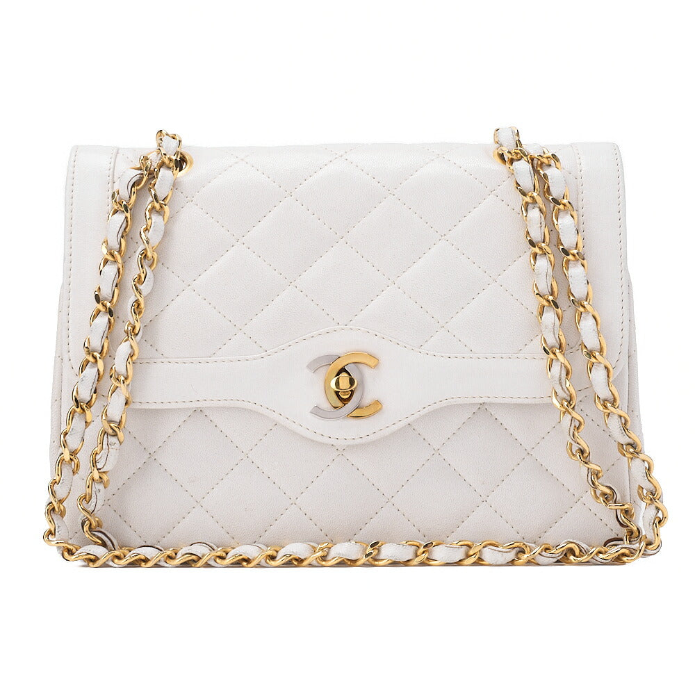 CHANEL Lambskin Matlassse 22cm Paris Limited Double Flap Shoulder Bag White Gold  x Silver-Tone Hardware, Pre-Owned