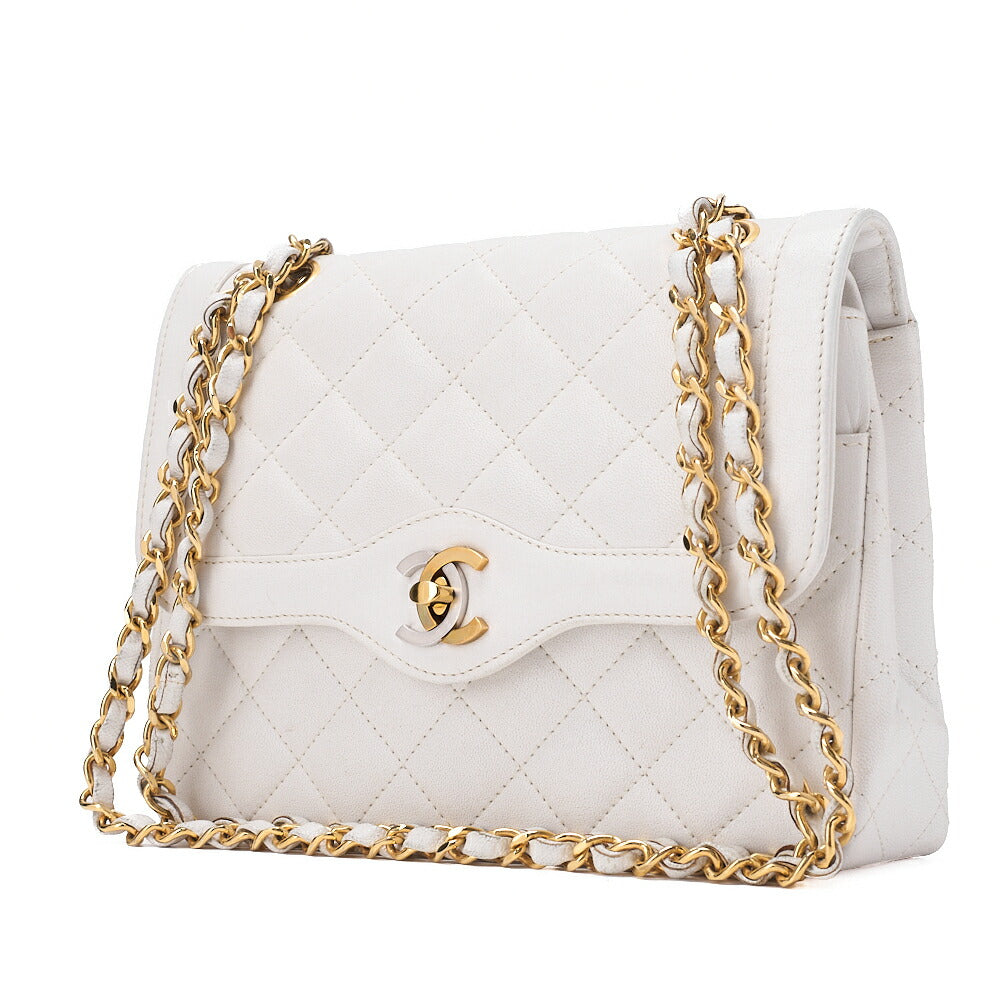 CHANEL Lambskin Matlassse 22cm Paris Limited Double Flap Shoulder Bag White Gold  x Silver-Tone Hardware, Pre-Owned