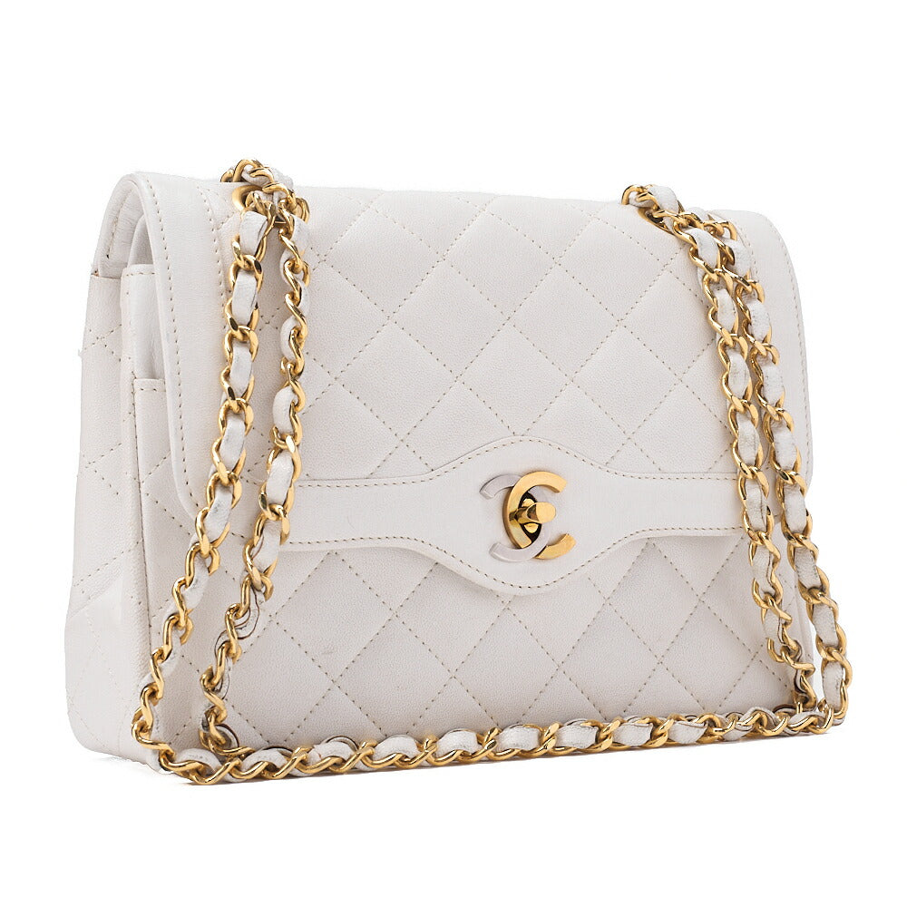 CHANEL Lambskin Matlassse 22cm Paris Limited Double Flap Shoulder Bag White Gold  x Silver-Tone Hardware, Pre-Owned