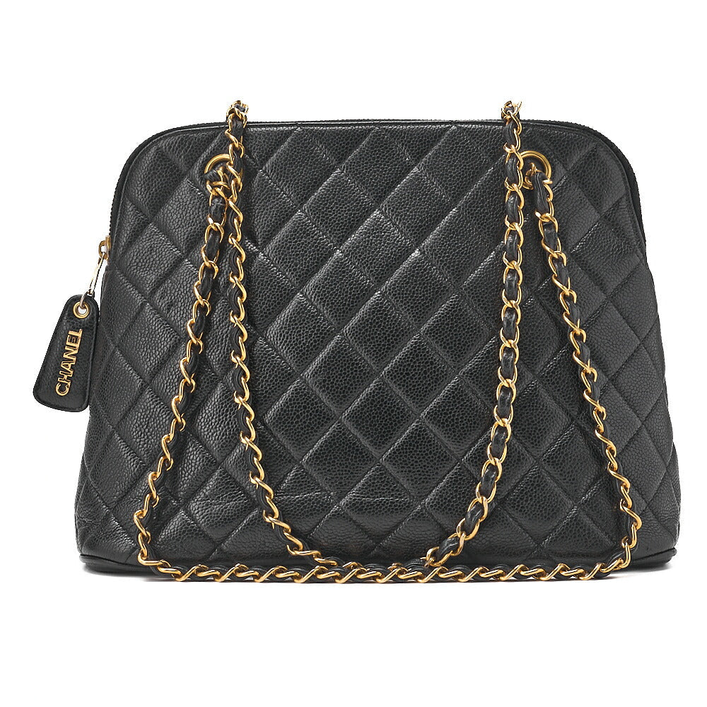 CHANEL Matelasse Logo Charm Shoulder Bag Caviar Skin Black Gold-Tone Hardware, Pre-Owned