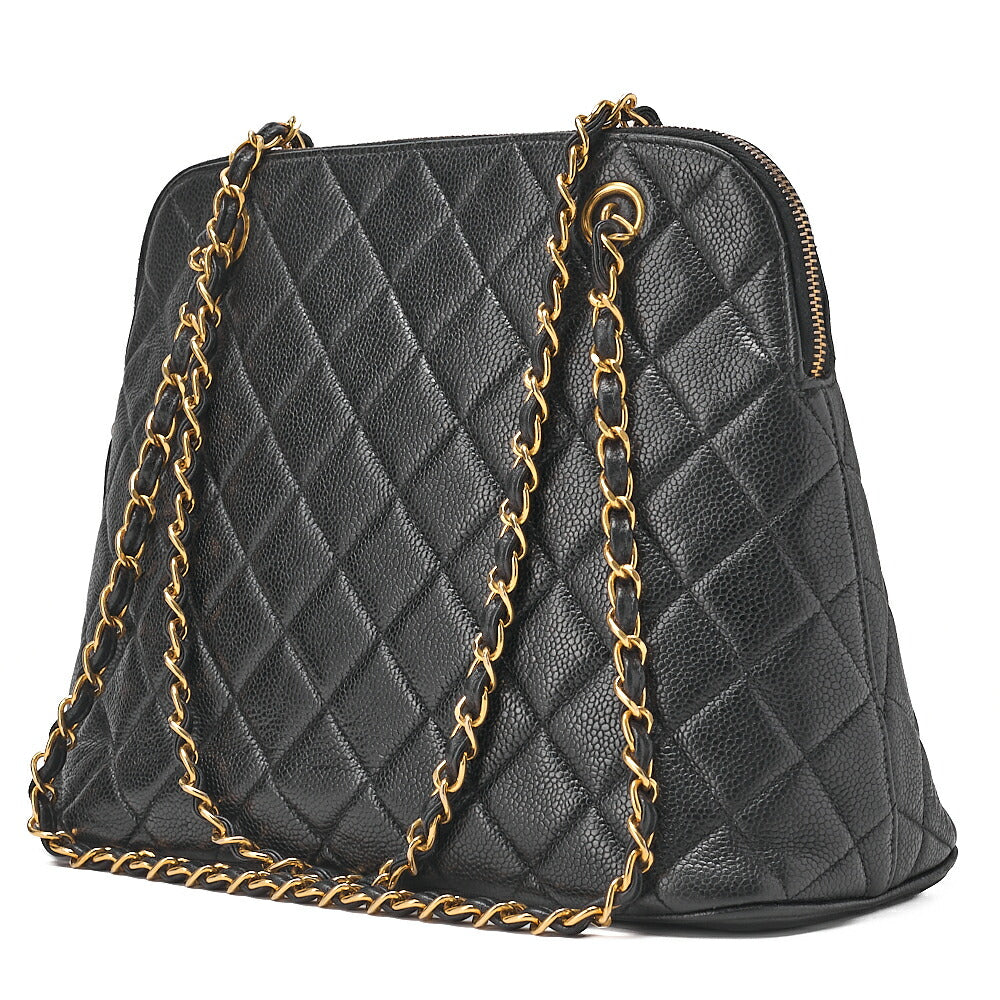 CHANEL Matelasse Logo Charm Shoulder Bag Caviar Skin Black Gold-Tone Hardware, Pre-Owned