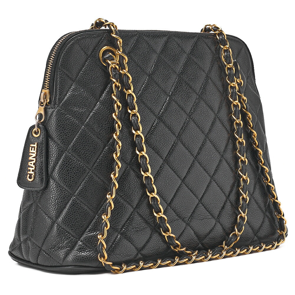 CHANEL Matelasse Logo Charm Shoulder Bag Caviar Skin Black Gold-Tone Hardware, Pre-Owned
