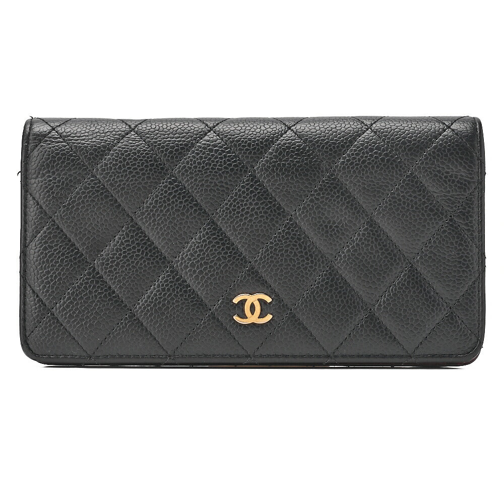 CHANEL Matelasse 2-Fold Long Wallet Caviar Skin Black Gold-Tone Hardware, Pre-Owned
