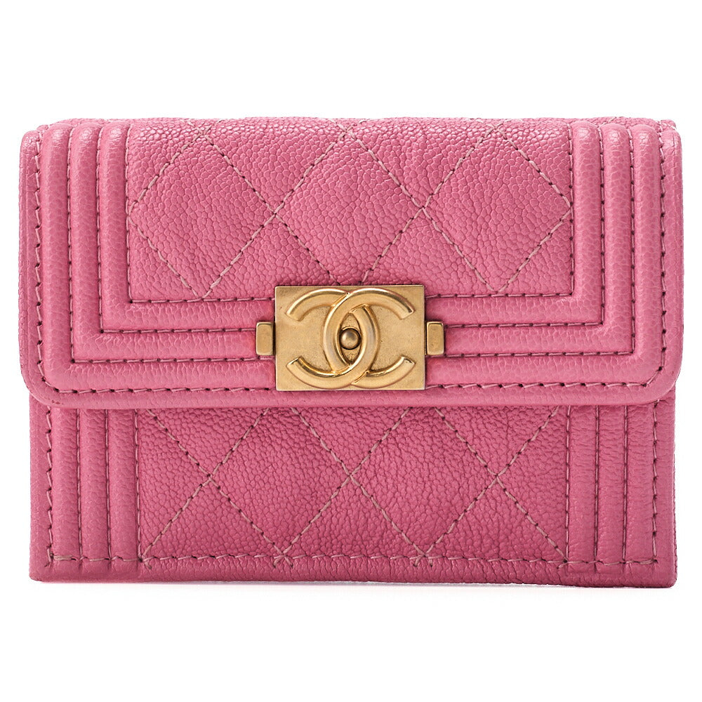 CHANEL Boy Chanel Matrasse Tri-Fold Compact Wallet Caviar Skin Pink Gold-Tone Hardware, Pre-Owned