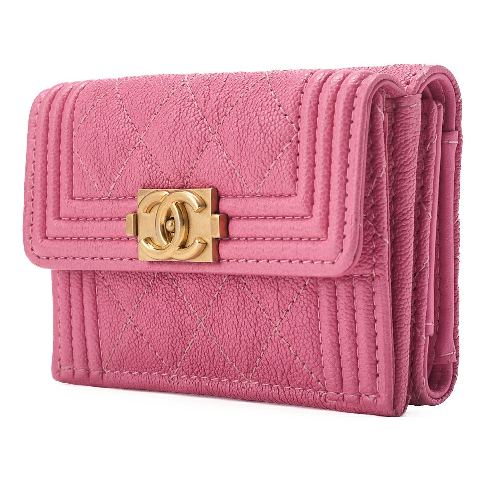 CHANEL Boy Chanel Matrasse Tri-Fold Compact Wallet Caviar Skin Pink Gold-Tone Hardware, Pre-Owned