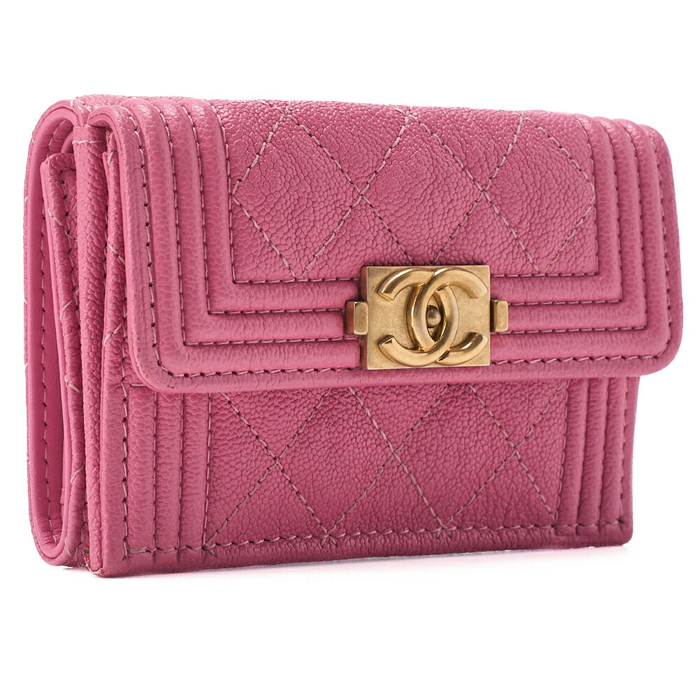 CHANEL Boy Chanel Matrasse Tri-Fold Compact Wallet Caviar Skin Pink Gold-Tone Hardware, Pre-Owned