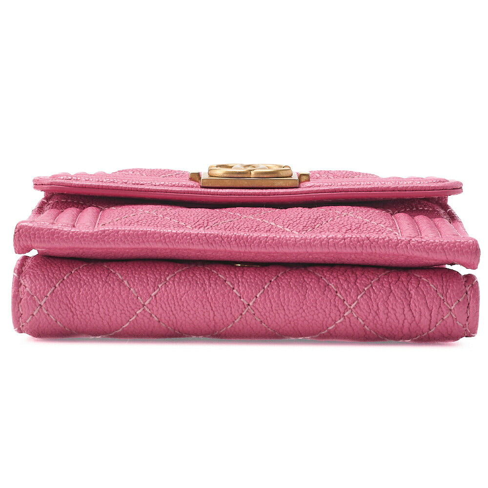 CHANEL Boy Chanel Matrasse Tri-Fold Compact Wallet Caviar Skin Pink Gold-Tone Hardware, Pre-Owned