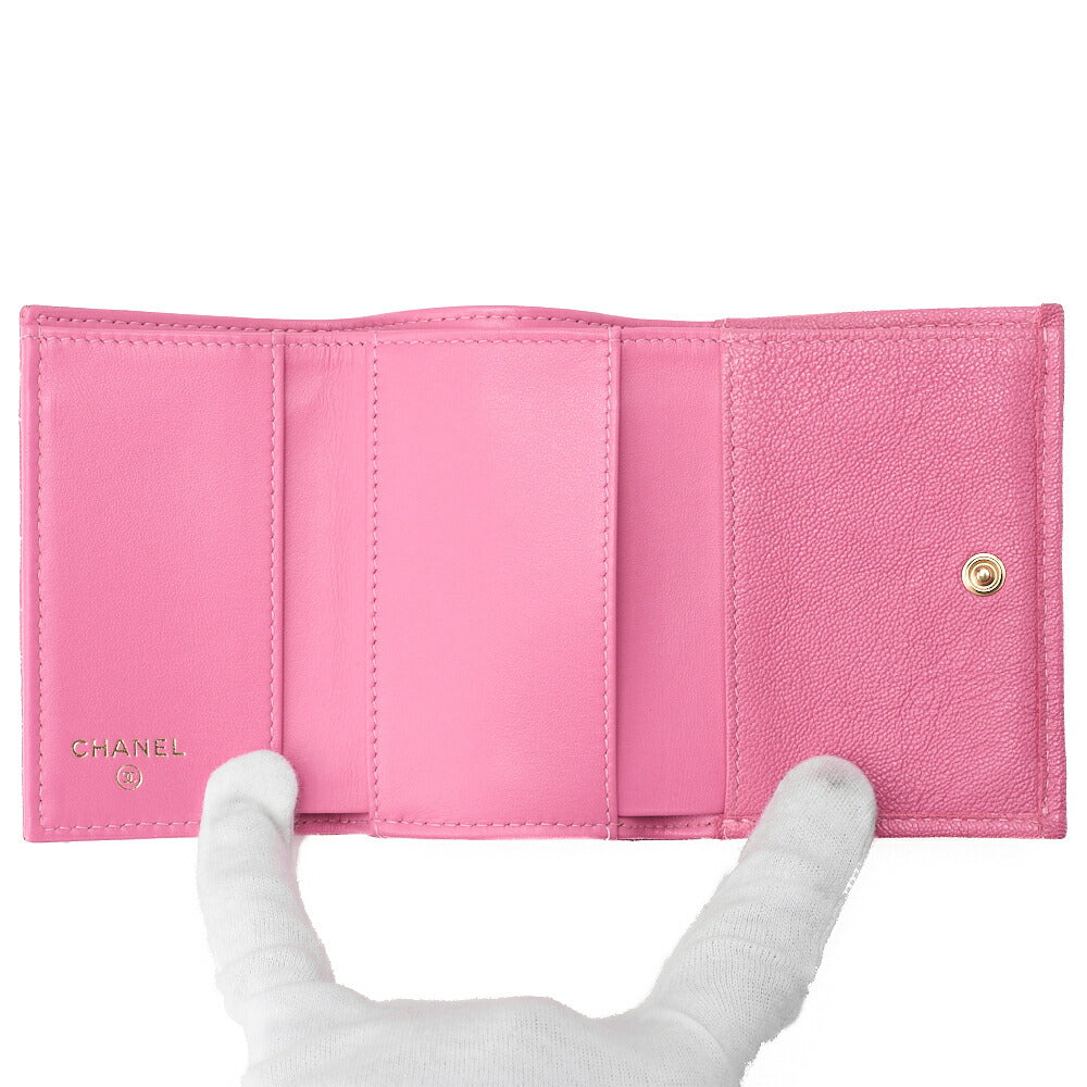 CHANEL Boy Chanel Matrasse Tri-Fold Compact Wallet Caviar Skin Pink Gold-Tone Hardware, Pre-Owned