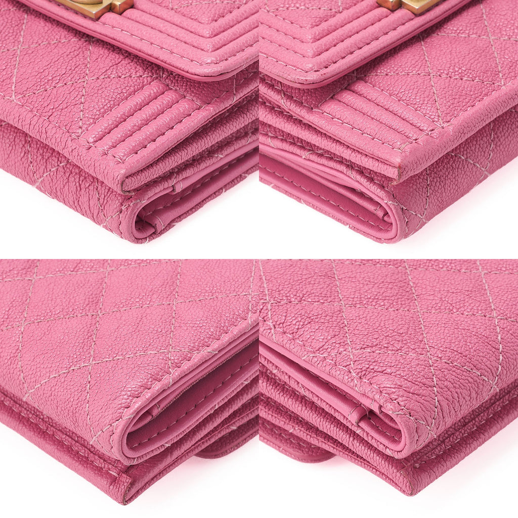 CHANEL Boy Chanel Matrasse Tri-Fold Compact Wallet Caviar Skin Pink Gold-Tone Hardware, Pre-Owned