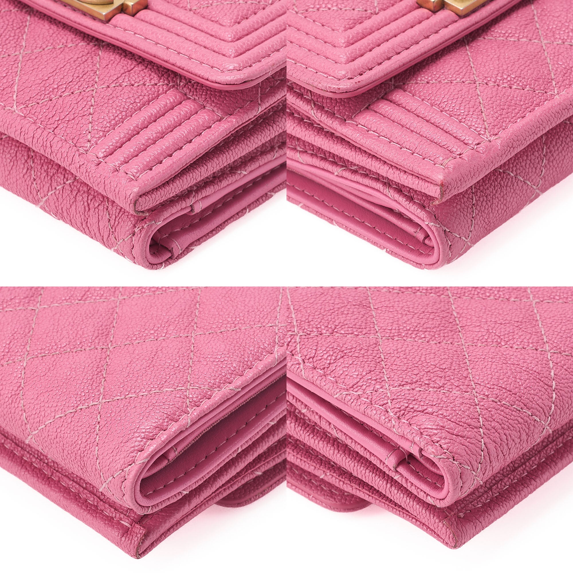 CHANEL Boy Chanel Matrasse Tri-Fold Compact Wallet Caviar Skin Pink Gold-Tone Hardware, Pre-Owned