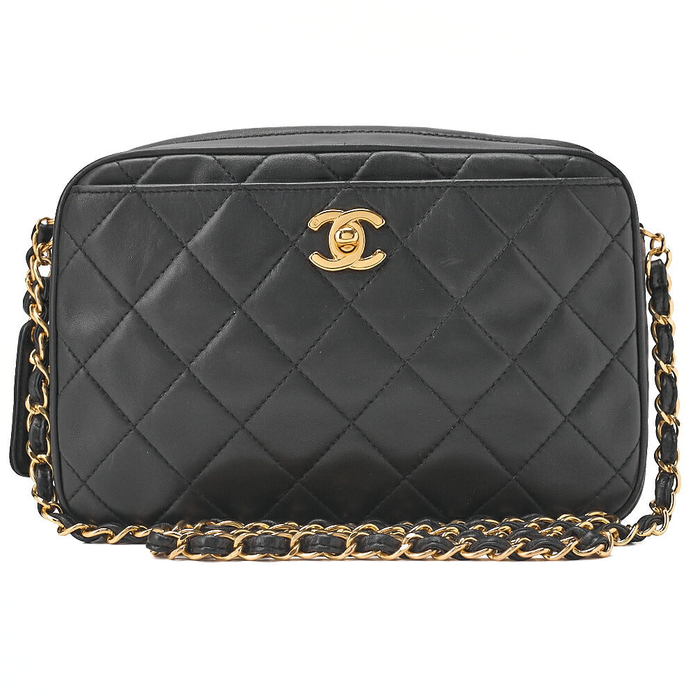 CHANEL Shoulder Bag Matelasse Plate Charm Camera Bag Chain Shoulder Lambskin Black Gold-Tone Hardware, Pre-Owned