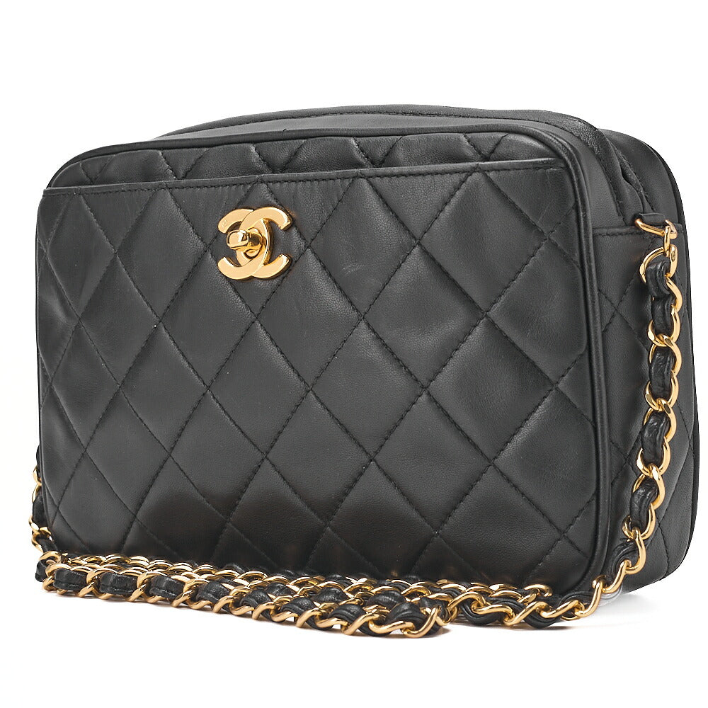 CHANEL Shoulder Bag Matelasse Plate Charm Camera Bag Chain Shoulder Lambskin Black Gold-Tone Hardware, Pre-Owned
