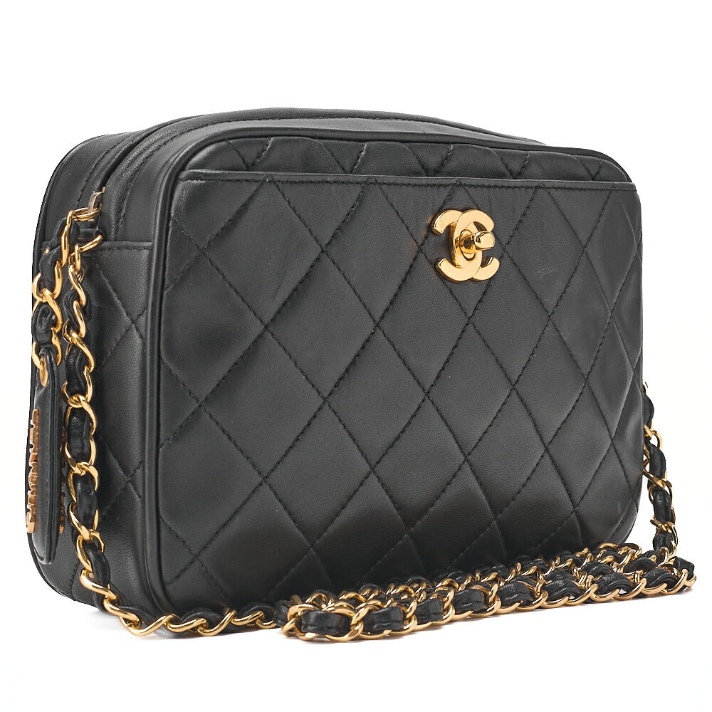CHANEL Shoulder Bag Matelasse Plate Charm Camera Bag Chain Shoulder Lambskin Black Gold-Tone Hardware, Pre-Owned