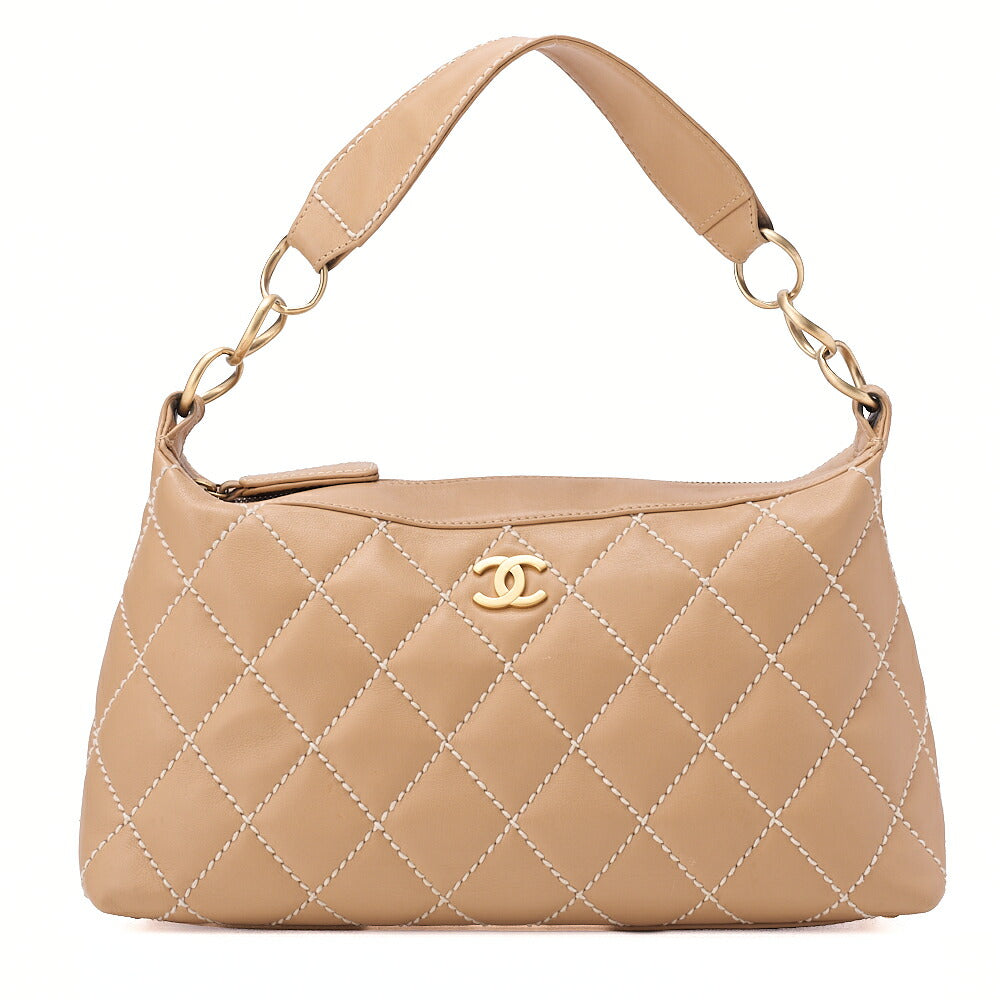 CHANEL One Shoulder Bag Coco Mark Wild Stitch Calfskin Beige Gold-Tone Hardware, Pre-Owned