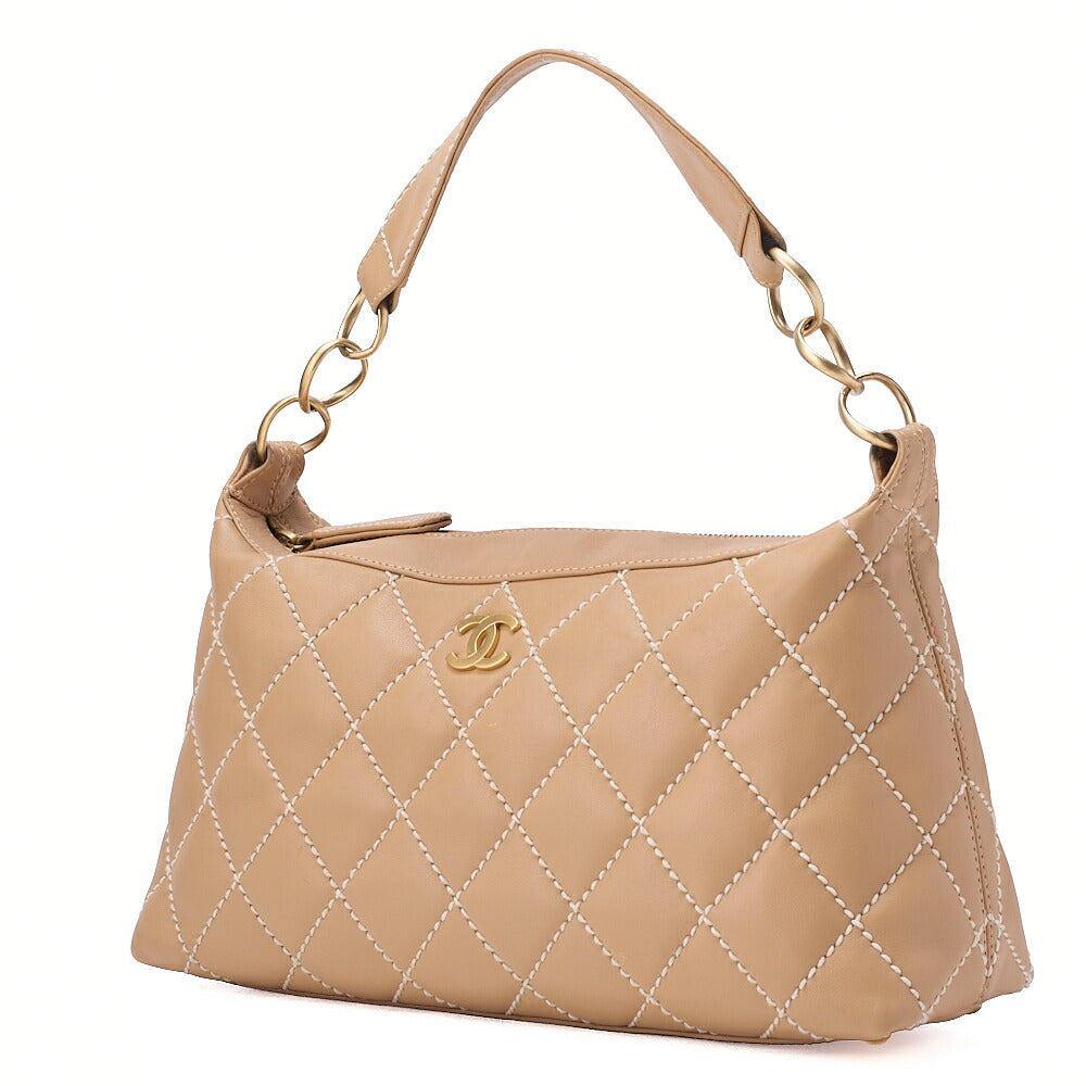 CHANEL One Shoulder Bag Coco Mark Wild Stitch Calfskin Beige Gold-Tone Hardware, Pre-Owned