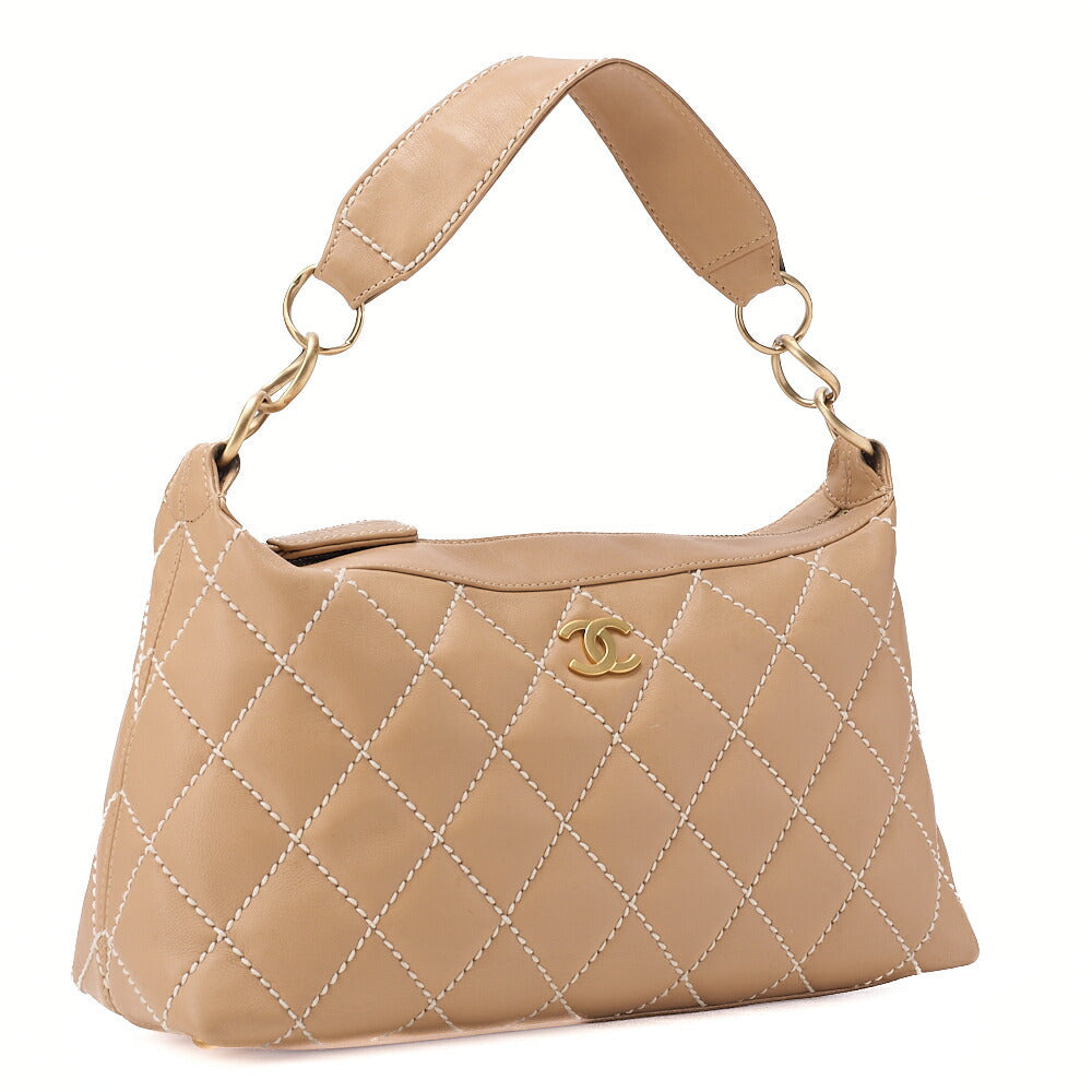CHANEL One Shoulder Bag Coco Mark Wild Stitch Calfskin Beige Gold-Tone Hardware, Pre-Owned