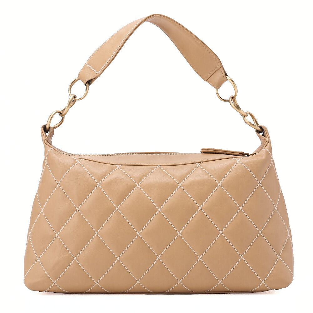 CHANEL One Shoulder Bag Coco Mark Wild Stitch Calfskin Beige Gold-Tone Hardware, Pre-Owned