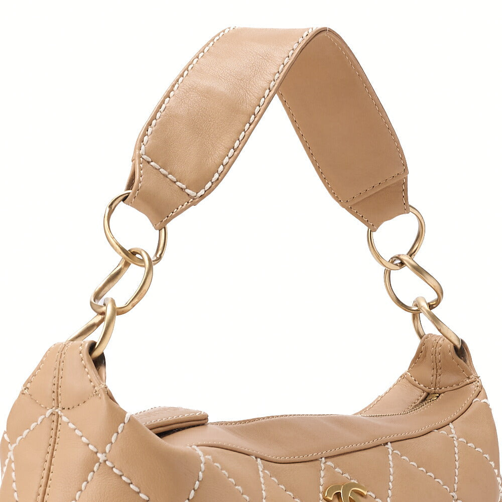 CHANEL One Shoulder Bag Coco Mark Wild Stitch Calfskin Beige Gold-Tone Hardware, Pre-Owned